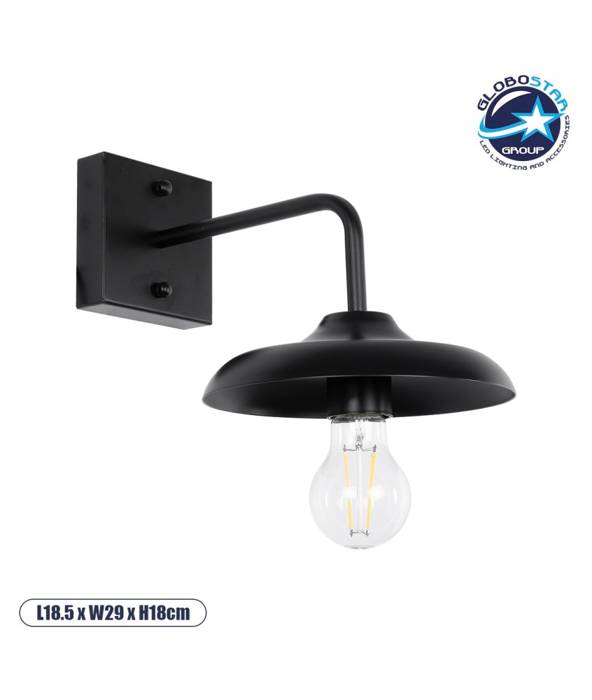 GLOBOSTAR® PHIA 01122 Vintage Φωτιστικό Τοίχου - Απλίκα με Ντουί 1 x E27 AC 220-240V IP20 - Μαύρο - Μ18.5 x Π29 x Υ18cm